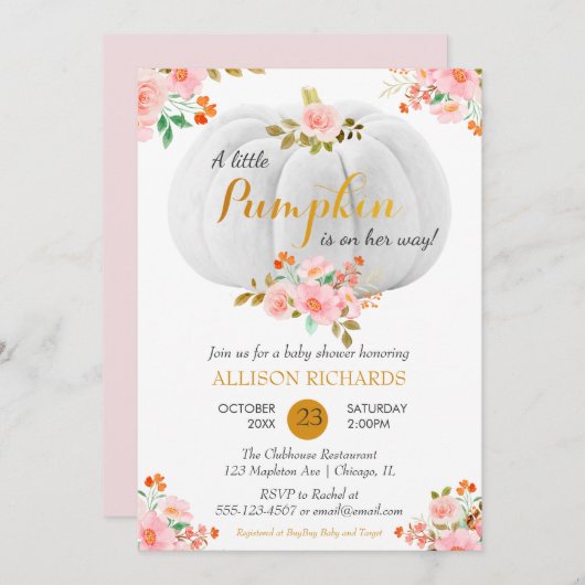 Gouden Pompoen Herfst Roze Bloemige Baby Borrel Kaart (Voorkant / Achterkant)