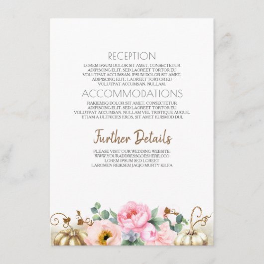 Gouden Pompoen Roze Bloemen Vaas Bruiloft Informat Informatiekaartje (Voorkant)