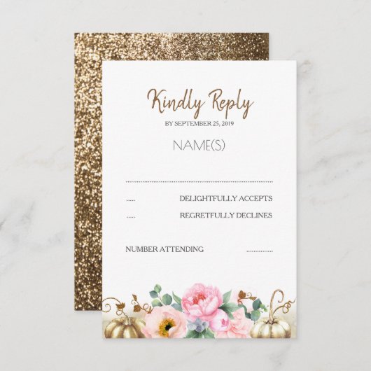 Gouden Pompoen Roze Bloemen Vaas Herfst Bruiloft R RSVP Kaartje (Voorkant / Achterkant)