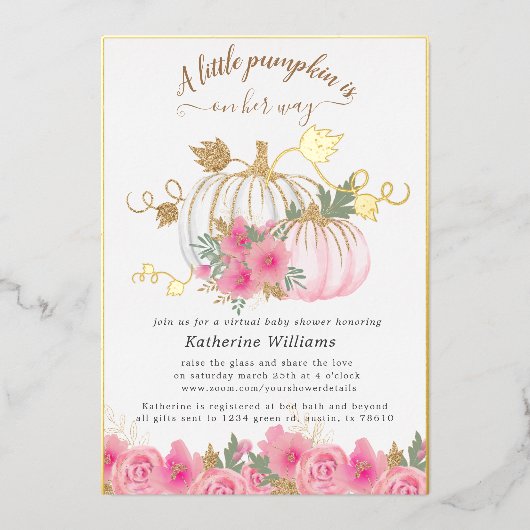 gouden pompoen virtueel baby shower folie uitnodiging (Voorkant)