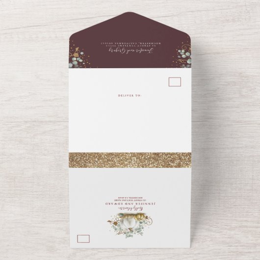 Gouden pompoenen Eucalyptus Herfst Bourgondië Rode All In One Uitnodiging (Buitenkant)