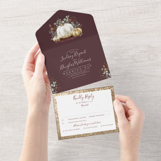 Gouden pompoenen Eucalyptus Herfst Bourgondië Rode All In One Uitnodiging (Afscheurbaar)