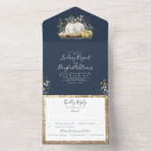 Gouden pompoenen Eucalyptus Herfst Navy Blue bruil All In One Uitnodiging (Binnen)