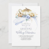 Gouden pompoenen Stoffig Blauw Bloemen Herfst Brui Kaart (Voorkant)