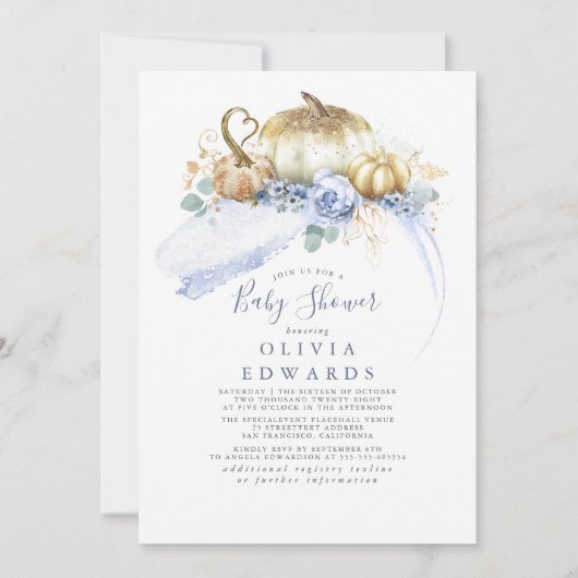 Gouden pompoenen stoffig blauwe bloemen herfst bab kaart (Voorkant)