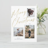 Gouden Prettig Kerst Script 3 Foto Kerstkaart (Staand voorkant)