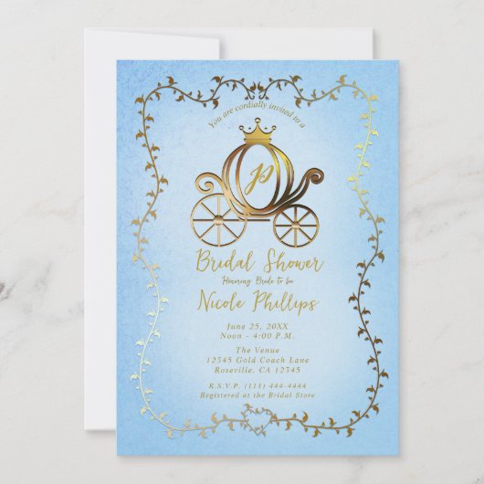 Gouden Prinses Carriage Blauw Storybook Bridal Kaart (Voorkant)