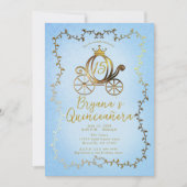 Gouden Prinses Carriage Blauw Storybook Quinceañer Kaart (Voorkant)