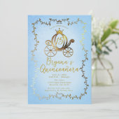 Gouden Prinses Carriage Blauw Storybook Quinceañer Kaart (Staand voorkant)