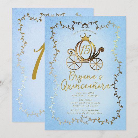 Gouden Prinses Carriage Blauw Storybook Quinceañer Kaart (Voorkant / Achterkant)