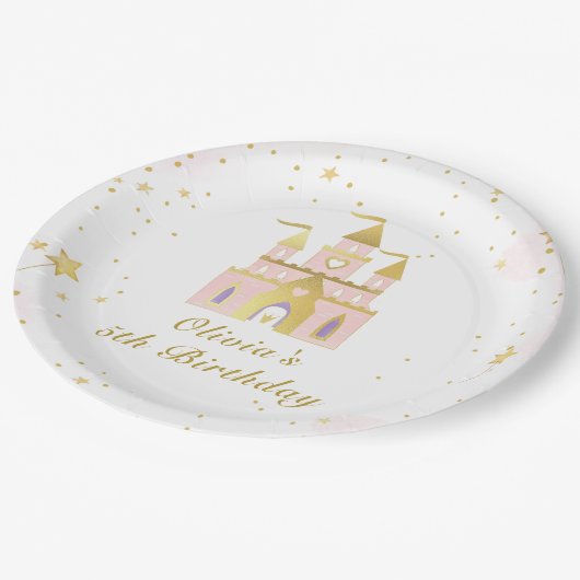 Gouden Prinses Kasteel Meisje Verjaardag Papieren Bordje (Gekanteld)