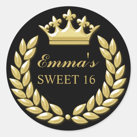 Gouden prinses kroon gepersonaliseerd zwart zoet 1 ronde sticker (Voorkant)