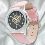 Gouden Prinses Kroon Meisje Horloge<br><div class="desc">Personaliseer dit horloge voor uw favoriete kleine prinses met haar eigen initialen naast een sprankelende gouden kleurenkroon gedrukt op het horlogegezicht. Hier afgebeeld in roze en zwart,  maar je hebt nog veel meer bandkleuren en bezel stijlen om het nog verder te personaliseren. Geweldige verjaardag of kerstcadeau.</div>
