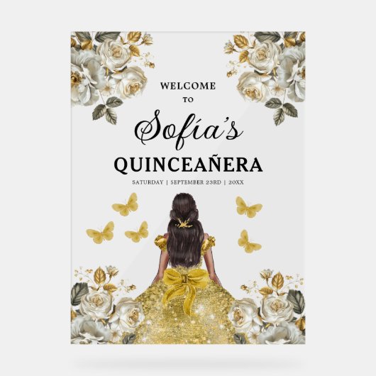 Gouden Prinses Quinceañera Verjaardag Welkom Acryl Bord (Voorkant)