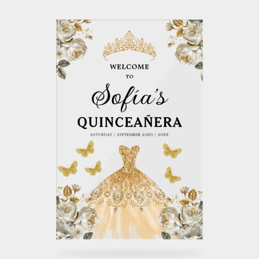 Gouden Prinses Quinceañera Verjaardag Welkom Acryl Bord (Voorkant)