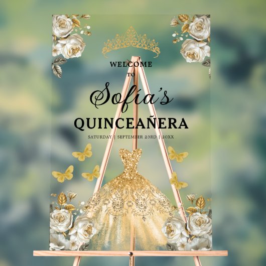 Gouden Prinses Quinceañera Verjaardag Welkom Acryl Bord (Neutraal)