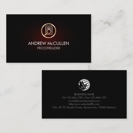 Gouden Proofreader papier vergrootglas icoon gloed Visitekaartje (Voorkant / Achterkant)