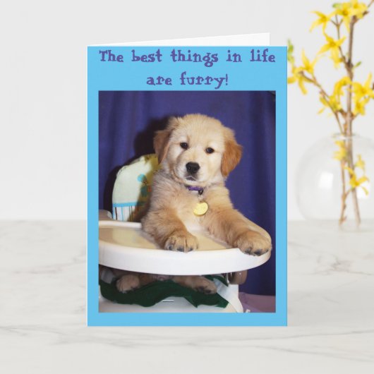 Gouden Puppy In Kinderstoel - Nieuw Huisdier Kaart (Gele Bloem)