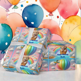 Gouden Puppy Jongen Naam Verjaardag Ballon Rainbow Cadeaupapier