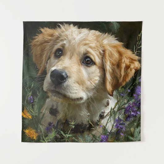Gouden Puppy Wilde Bloem Blik Wandkleed (Voorkant)