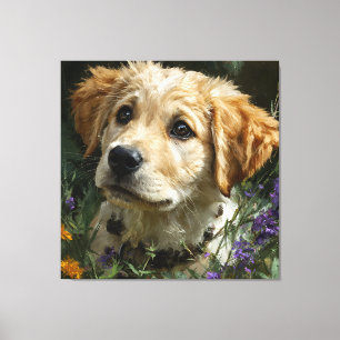 Gouden Puppy Wilde Bloem Starende Blik Canvas Afdruk