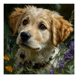 Gouden Puppy Wilde Bloem Starende Blik Perfect Poster