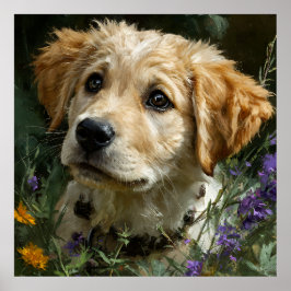 Gouden Puppy Wilde Bloem Starende Blik Poster