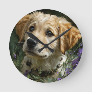 Gouden Puppy Wilde Bloem Starende Blik Ronde Klok