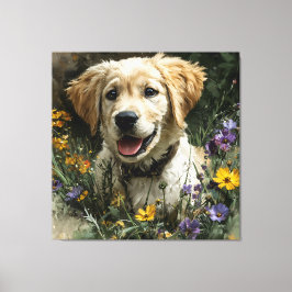 Gouden Puppy Wilde Bloem Vreugde Canvas Afdruk