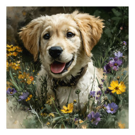 Gouden Puppy Wilde Bloem Vreugde Foto Afdruk