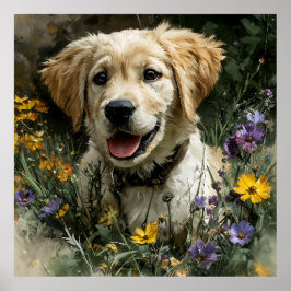 Gouden Puppy Wilde Bloem Vreugde Poster