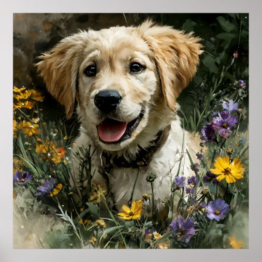Gouden Puppy Wilde Bloem Vreugde Poster (Voorkant)