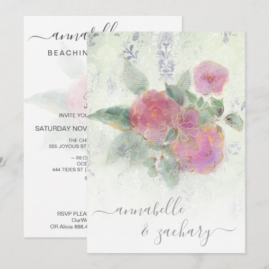 *~* Gouden QR AR12 Damask RSVP Rose Bouquet bruilo Kaart (Voorkant / Achterkant)