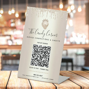 Gouden QR-code Betaal hier Aardbei Glitter Drips Reclamebord Met Voetstuk