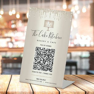 Gouden QR-code Betaal hier Bakery Cake Glitter Dri Reclamebord Met Voetstuk
