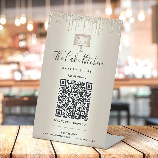 Gouden QR-code Betaal hier Bakery Cake Glitter Dri Reclamebord Met Voetstuk