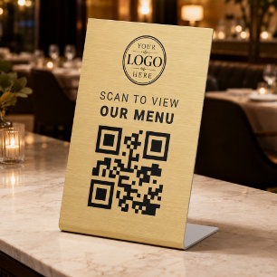 Gouden QR-code menu tafelbladdisplay Reclamebord Met Voetstuk