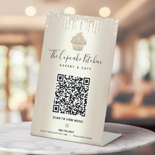 Gouden QR-code Scan Menu Cupcake Glitter Bakkerij  Reclamebord Met Voetstuk