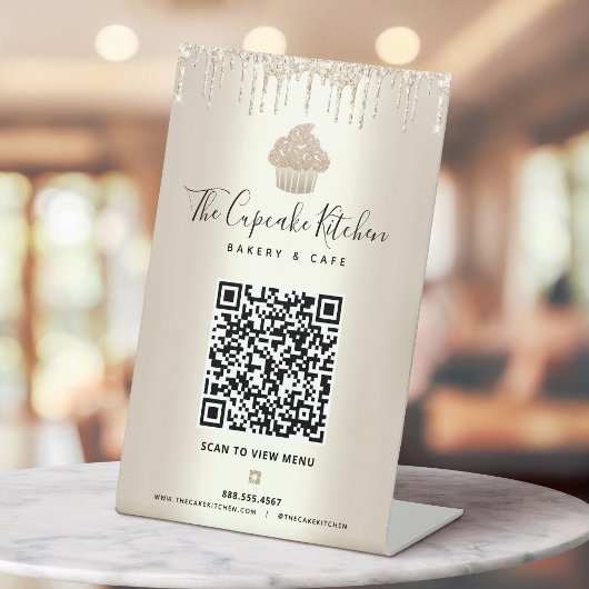 Gouden QR Code Scan Menu Cupcake Glitter Bakkerij  Reclamebord Met Voetstuk