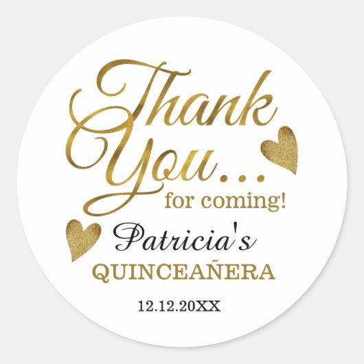 Gouden Quinceañera 15e Verjaardagsfeestje Dank u Ronde Sticker (Voorkant)