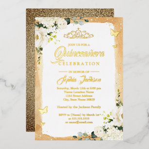 Gouden Quinceanera Bloemrijke Glitter Tiara Verjaa Folie Uitnodiging