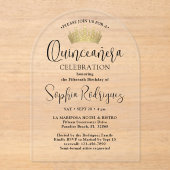 Gouden Quinceañera Crown Chic Trendy Script Modern Acryl Uitnodigingen (Voorkant)