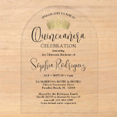 Gouden Quinceañera Kroon Chic Trendy Script Modern Acryl Uitnodigingen (Voorkant)