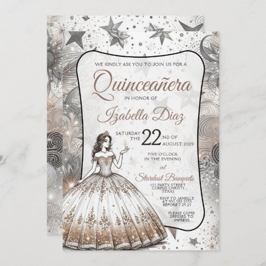 Gouden Quinceañera Meisje Uitnodiging (Voorkant / Achterkant)