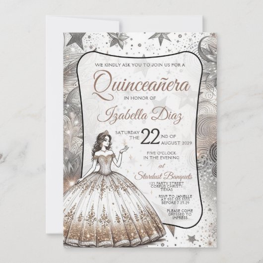 Gouden Quinceañera Meisjes Uitnodiging (Voorkant)