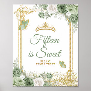 Gouden Quinceañera Sage Green Crown 15th is zoet Poster