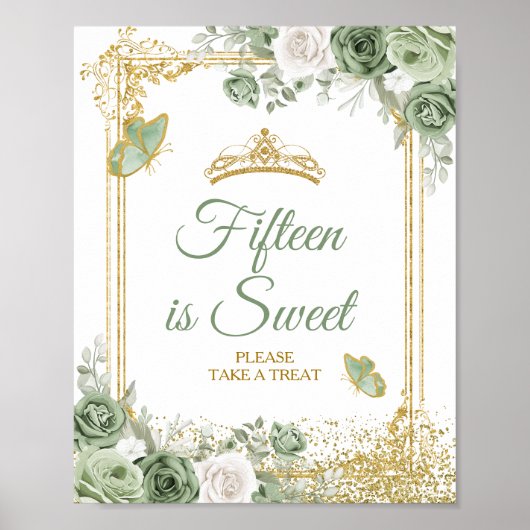 Gouden Quinceañera Sage Green Crown 15th is zoet Poster (Voorkant)
