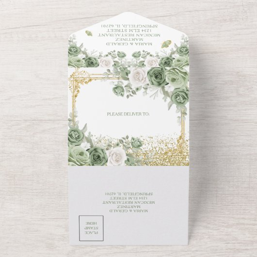 Gouden Quinceañera Sage Green Crown Alles in één All In One Uitnodiging (Buitenkant)