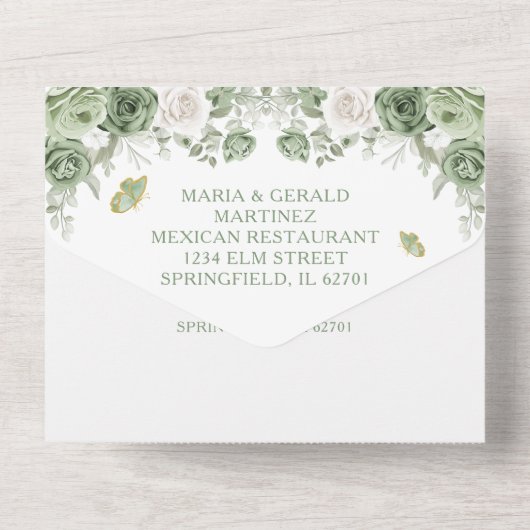 Gouden Quinceañera Sage Green Crown Alles in één All In One Uitnodiging (Achterkant)