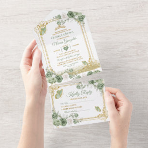 Gouden Quinceañera Sage Green Crown Alles in één All In One Uitnodiging